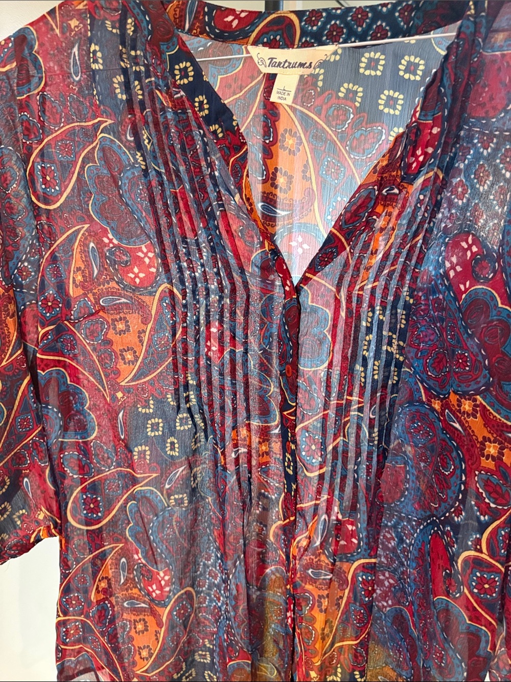 Tantrums Red Paisley Sheer V-Neck Pintuck Blouse with Navy & Orange